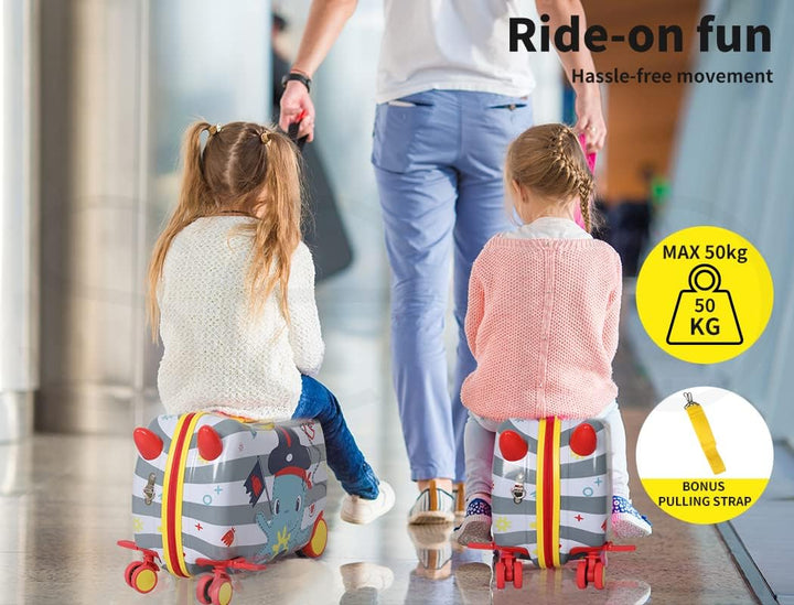 Durable children's ride-on luggage, scooter combo with 360° swivel wheels for smooth airport navigation.