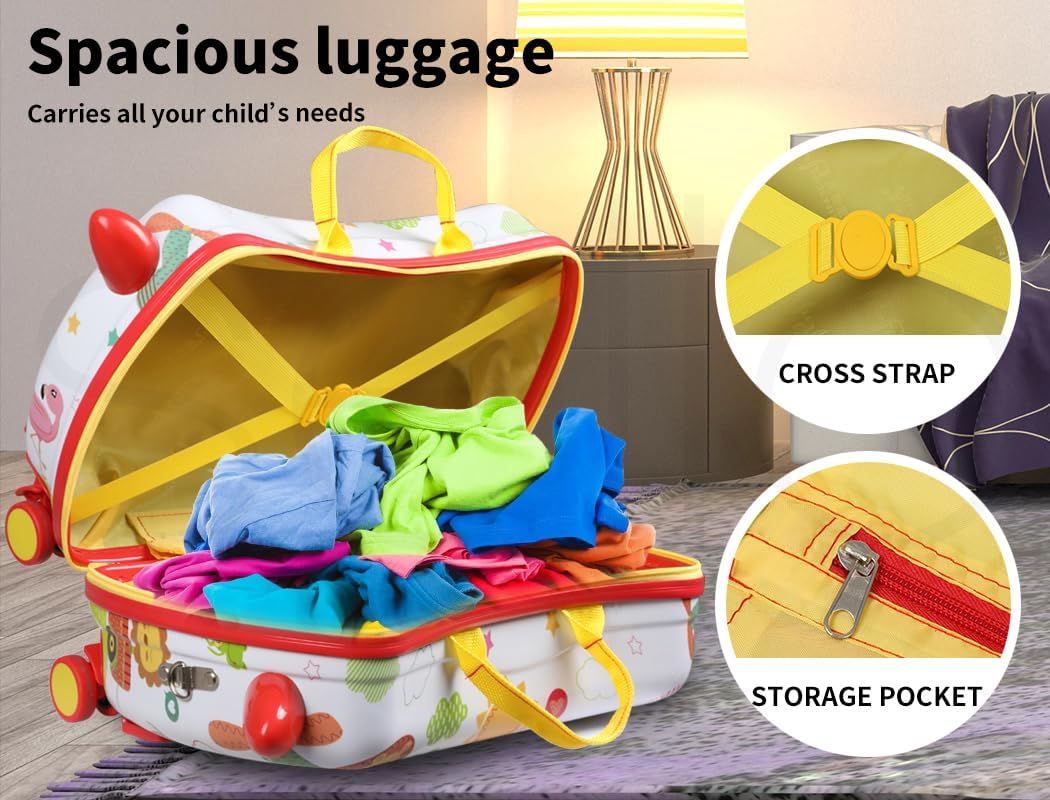 Children's travel suitcase and scooter in one, colorful octopus graphic, 360-degree wheels for adventure.
