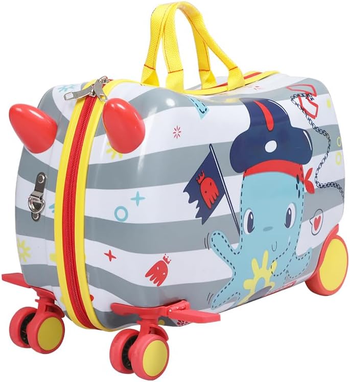 Children's ride-on scooter suitcase with fun pirate octopus pattern & 360° swivel wheels for easy travel.
