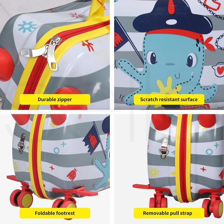 Pirate octopus themed children's ride-on scooter suitcase with smooth 360° swivel wheels for happy kids travel.