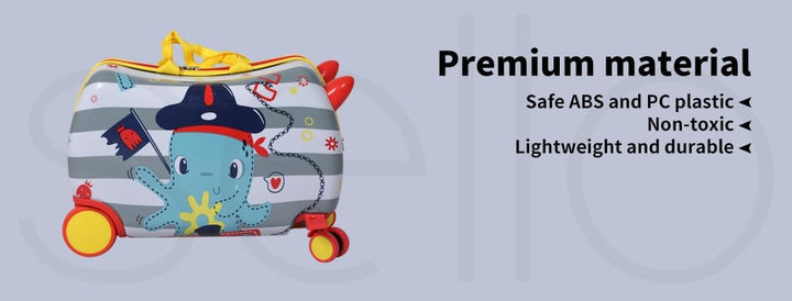Compact carry-on scooter suitcase for kids, octopus design, 360° wheels, making travel fun & easy.