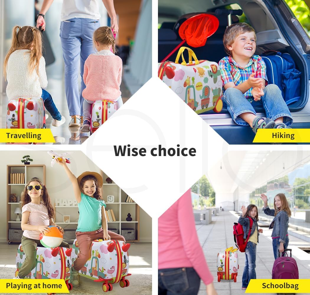 Kids ride-on luggage with integrated scooter, playful octopus design, ideal for speedy family travel.