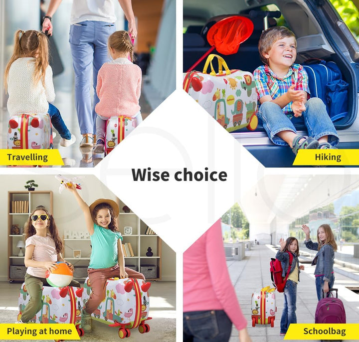 Kids ride-on luggage with integrated scooter, playful octopus design, ideal for speedy family travel.