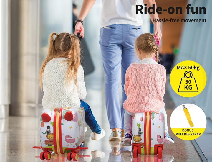 Young traveler's ride-on scooter suitcase, vibrant octopus pattern, 360° swivel wheels for easy airport fun.
