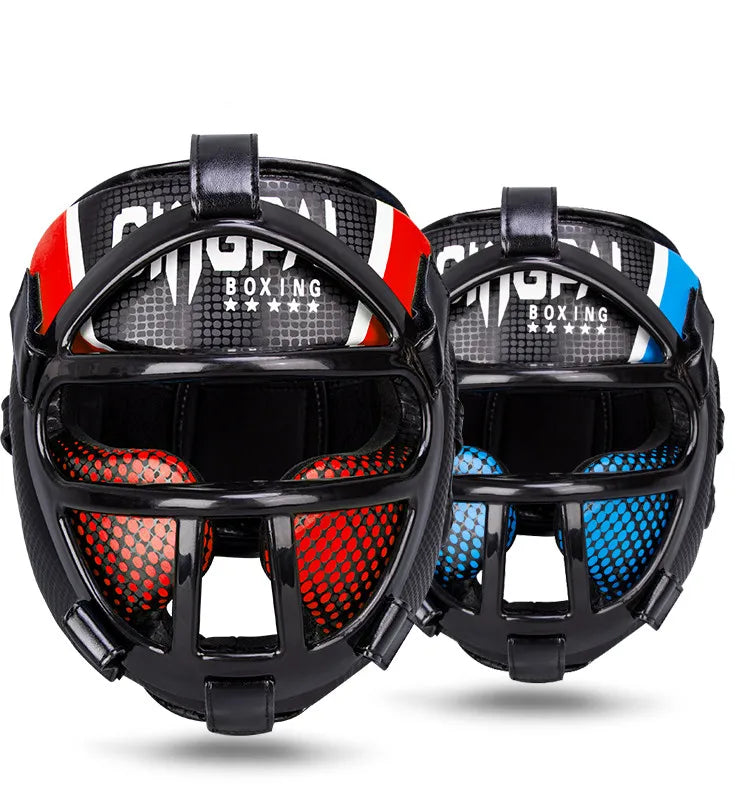Unisex martial arts training helmet with clear visor for sparring & head protection in combat sports.