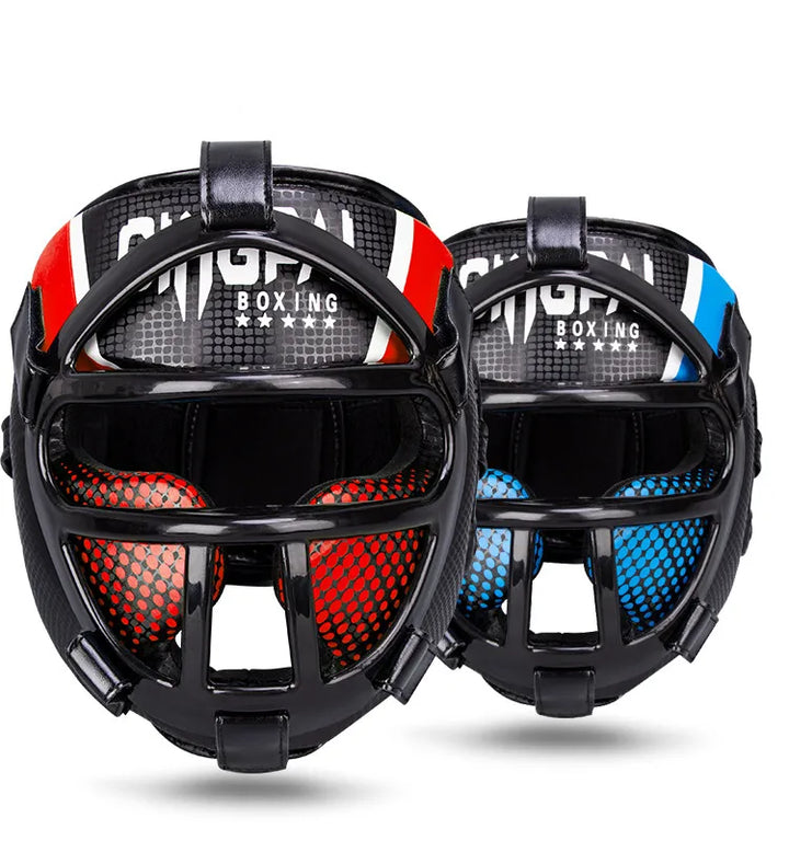 Unisex martial arts training helmet with clear visor for sparring & head protection in combat sports.