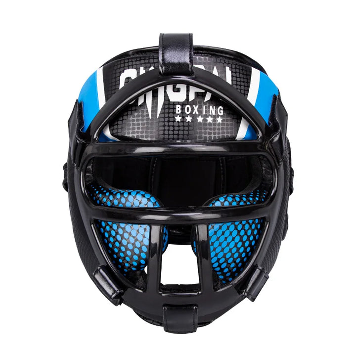 Combat sports headgear: unisex martial arts helmet with visor for safe & clear training.