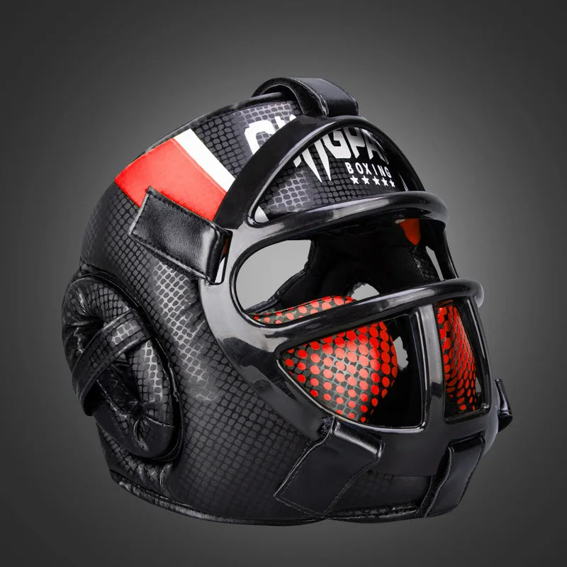 Unisex training helmet for martial arts with a sturdy visor, essential sparring gear.