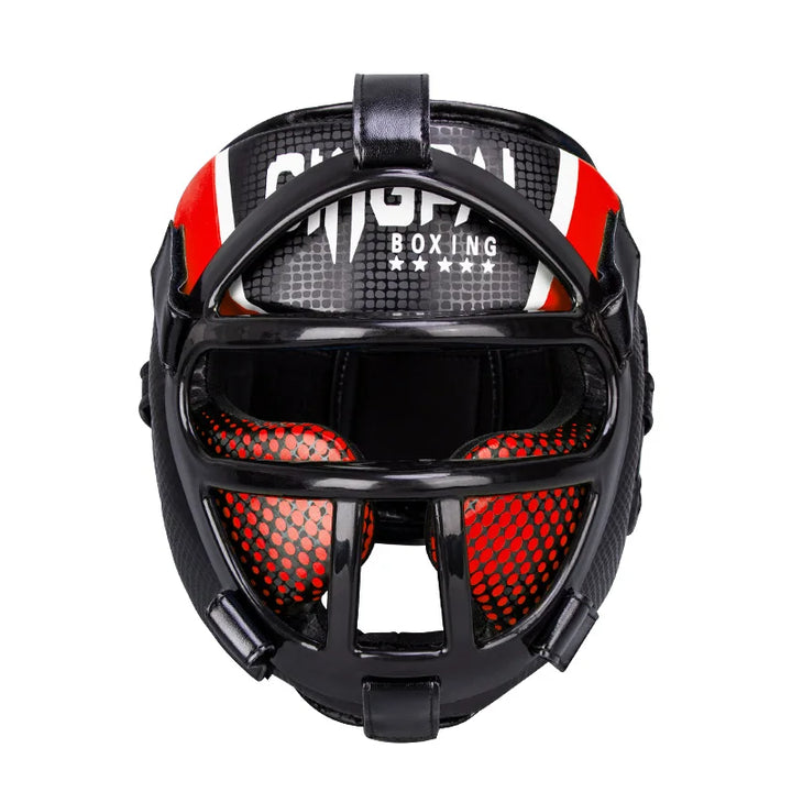 Durable unisex martial arts training helmet featuring a transparent visor for full face protection.