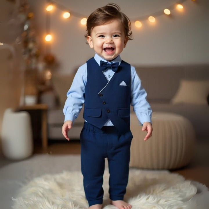 Stylish boys' wedding attire: 3-piece toddler tuxedo with light blue shirt & classic bow tie. Party ready!