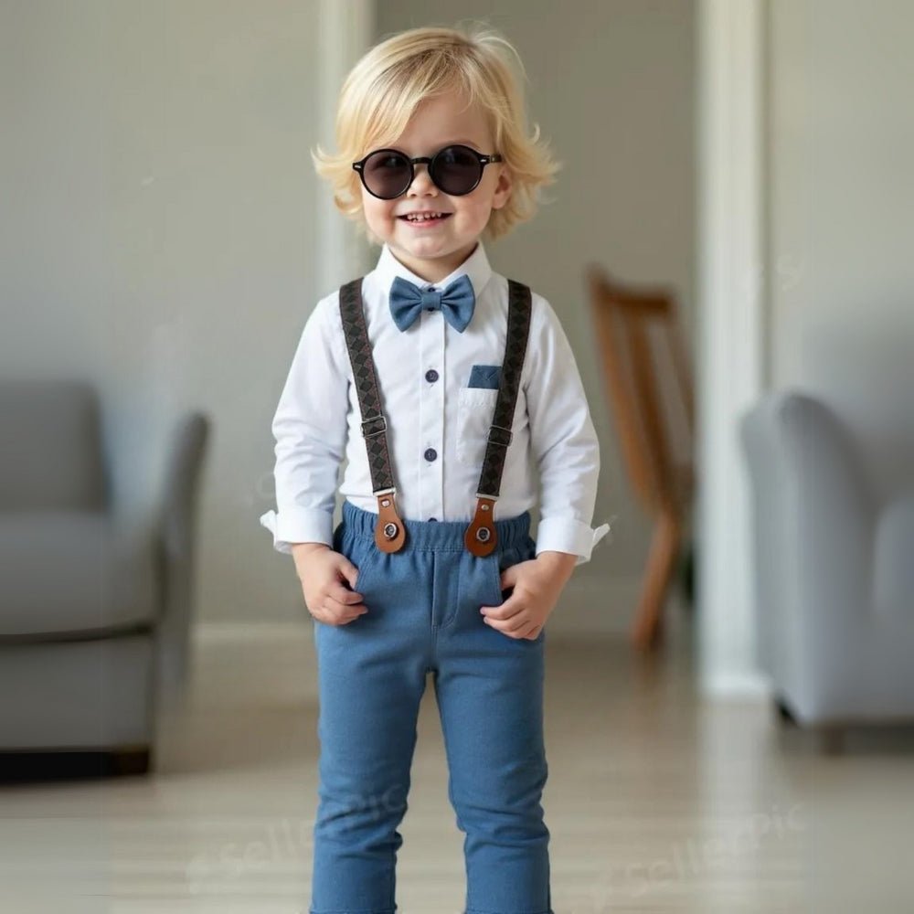 Adorable baby boy 3-piece formal suit set: waistcoat, light blue shirt, & matching bow tie for parties.