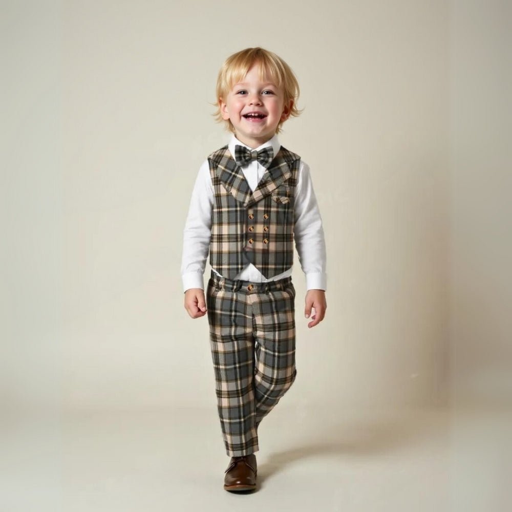 Kids' formal wear: Boys' 3-piece suit set with light blue shirt, vest, & bow tie, ideal for special events.