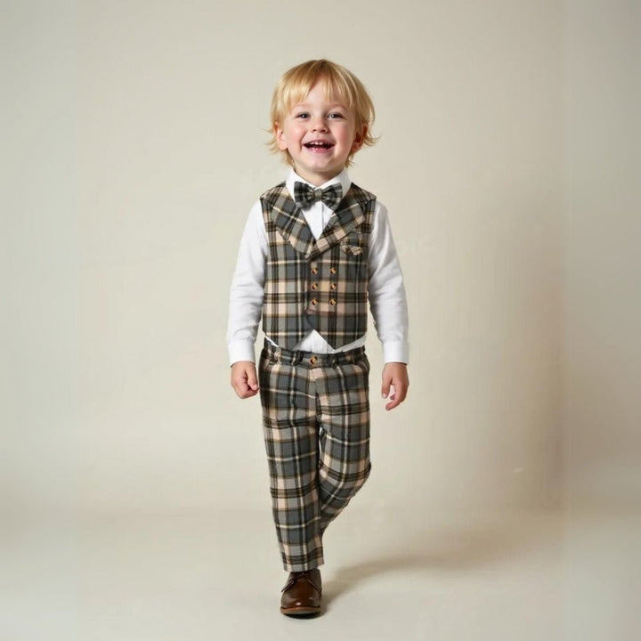 Kids' formal wear: Boys' 3-piece suit set with light blue shirt, vest, & bow tie, ideal for special events.