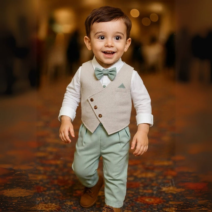 Boys' 3-piece formal suit with light blue shirt & bow tie. Perfect for weddings & special occasions.