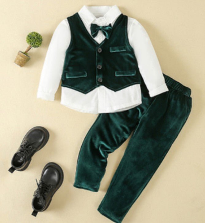 Young boys' 3-piece suit for formal events, featuring a waistcoat, light blue shirt, & matching bow tie.