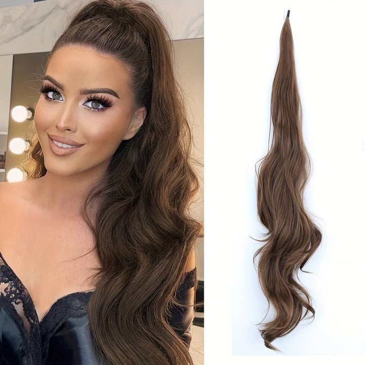 Women's flexible wrap ponytail for instant volume. Long, wavy hair extension, an easy-wear hair accessory.