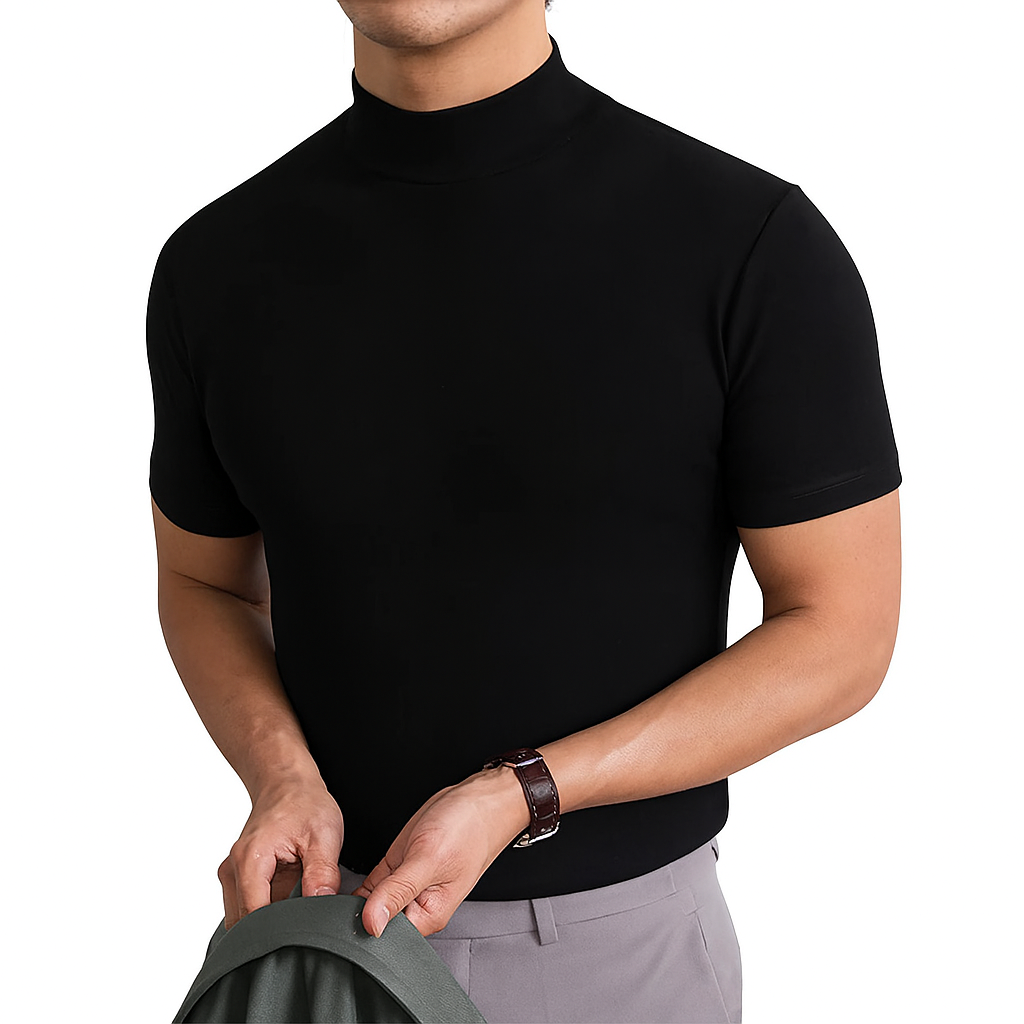 Stylish men's short sleeve turtleneck, breathable and comfortable for versatile summer fashion. Pull-on design.