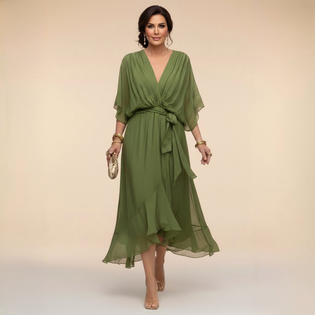 Women's V-Neck Flowing Midi Dress with adjustable waist in classic black. Elegant & versatile summer fashion.