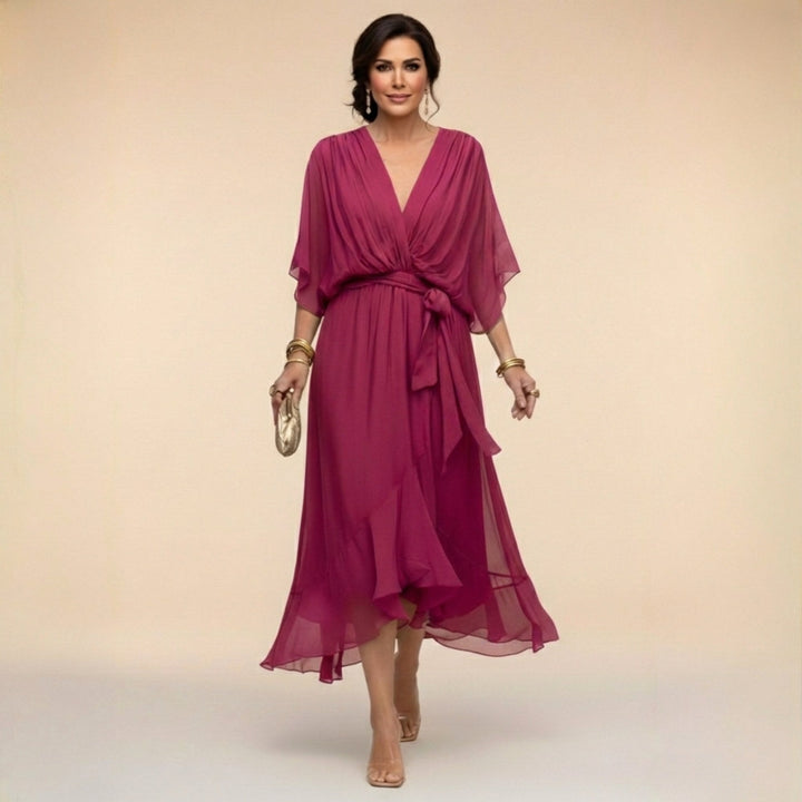 Vibrant red Women's V-Neck Flowing Midi Dress, perfect for parties. Comfortable & elegant with an adjustable waist.