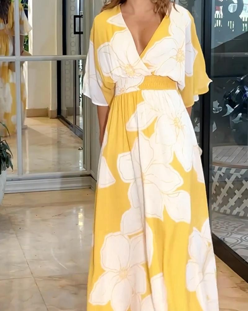 Elegant yellow floral midi dress for women, featuring a vibrant print and versatile style ideal for summer occasions.
