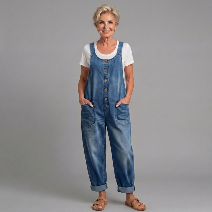 Women's relaxed fit blue denim bib overalls, perfect for casual summer wear & comfort.