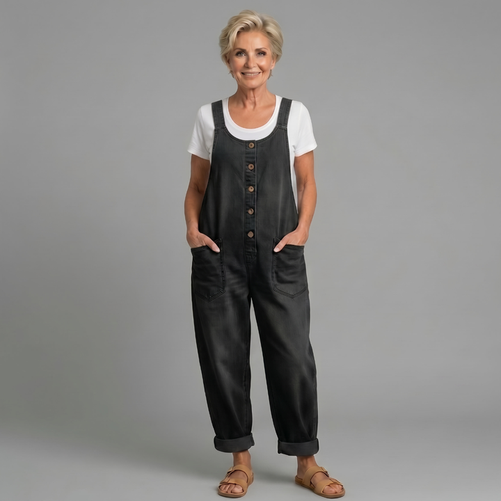 Comfortable women's relaxed fit denim overalls, stylish bib design for casual fashion.