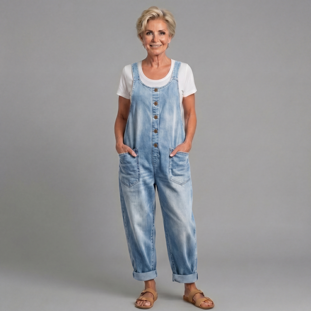 Classic blue denim women's relaxed fit overalls, comfortable dungarees for everyday style.