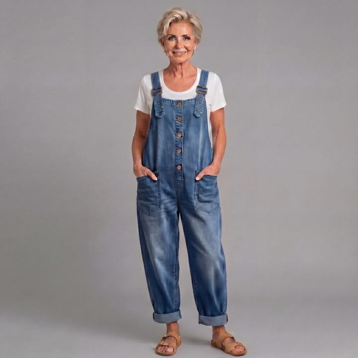 Black denim women's relaxed fit bib overalls, versatile & comfortable for casual fashion.