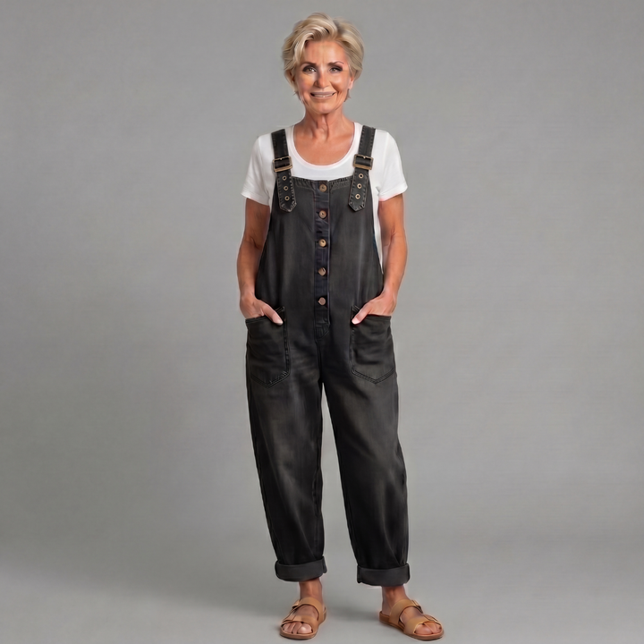 Light blue denim women's relaxed fit overalls, ideal for casual spring & summer fashion.