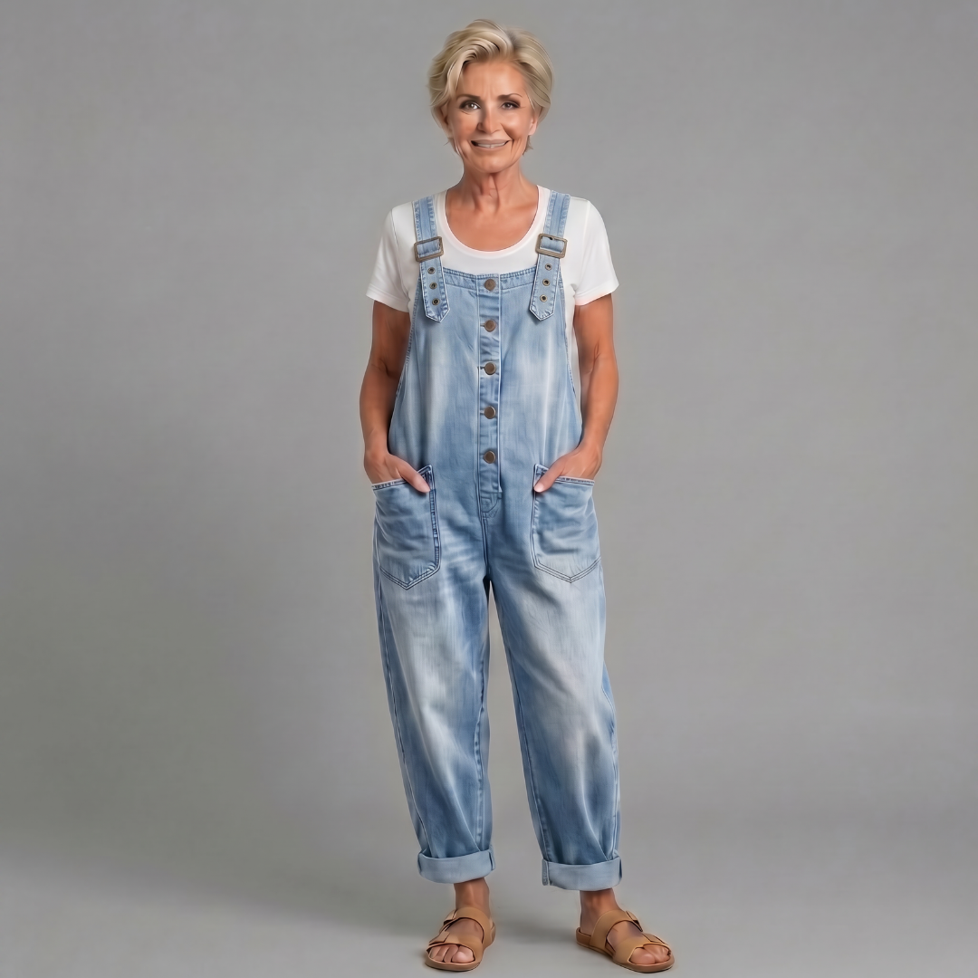Woman wearing relaxed fit denim bib overalls, comfortable and stylish for daily casual wear.