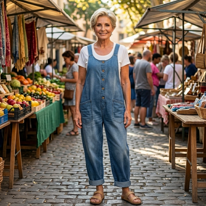Women's relaxed fit denim bib overalls, dungarees in blue, black, light blue for casual comfort.