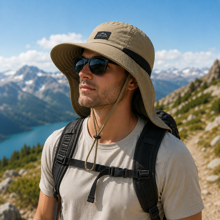 Unisex UPF 50+ hiking sun hat with wide brim & neck flap for ultimate outdoor sun protection.
