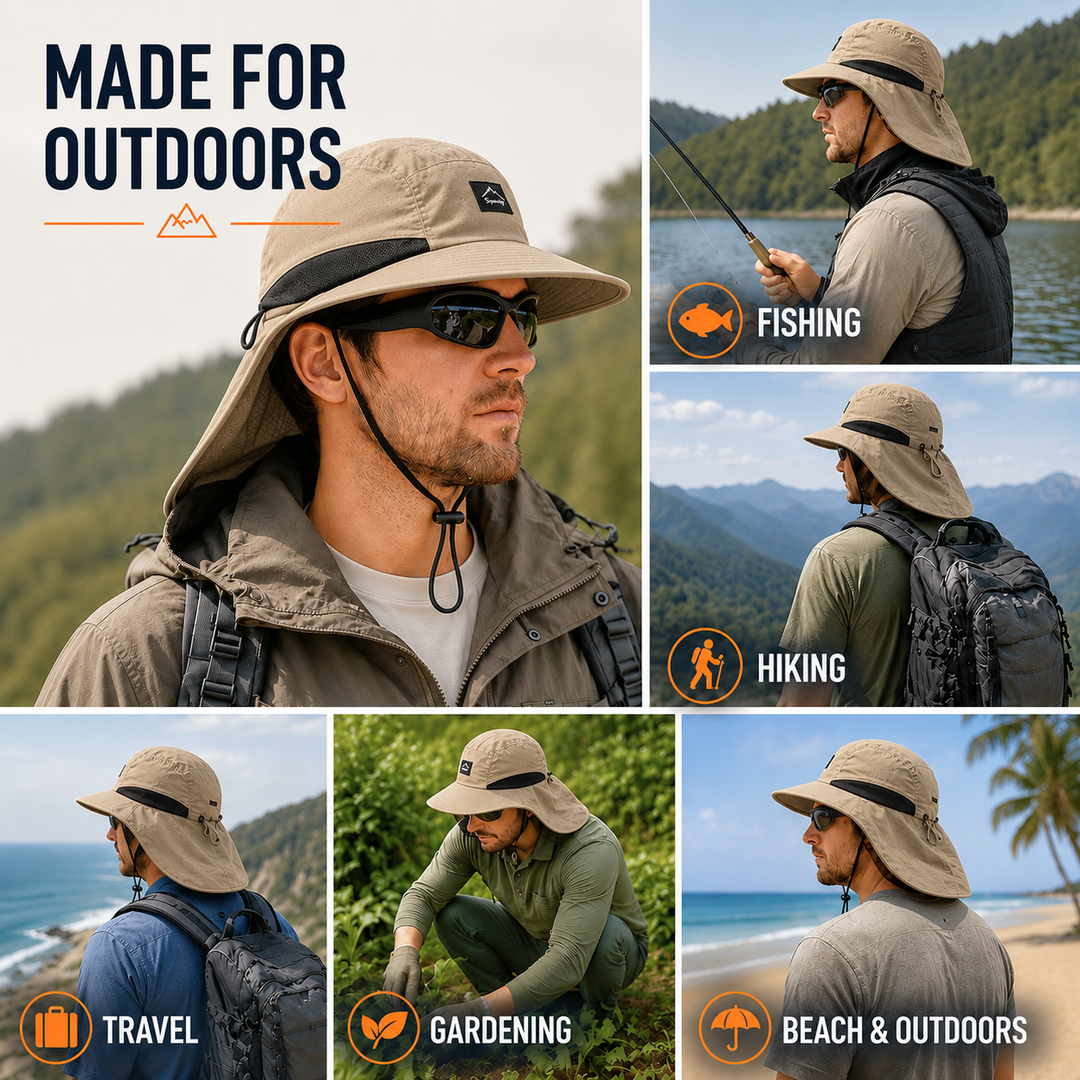 Essential UPF 50+ hiking hat with wide brim, quick-dry fabric, and neck flap for reliable sun block.