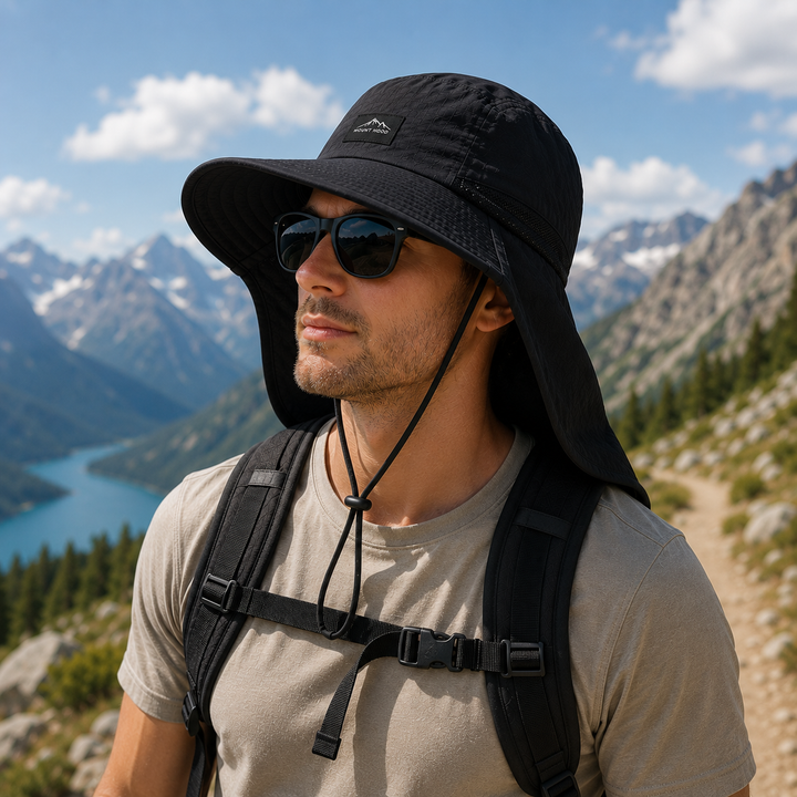 Adjustable quick-dry travel hat, UPF 50+ sun protection, wide brim & neck flap for hiking.