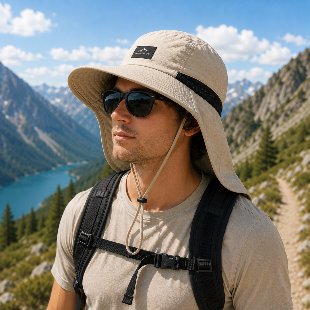 Lightweight UPF 50+ hiking hat featuring a wide brim & removable neck flap for full sun block.