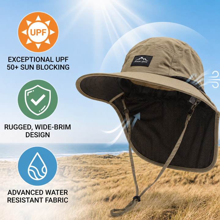 Adventure-ready UPF 50+ hiking hat with a wide brim, neck flap, and adjustable strap for comfort.