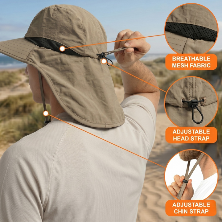 Unisex travel hat providing UPF 50+ sun protection, wide brim, and secure neck flap for coverage.