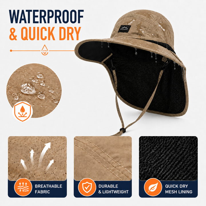 Durable UPF 50+ outdoor hat, quick-dry, with wide brim & neck flap for hiking and sun safety.