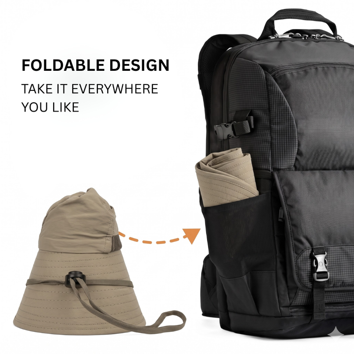 Multipurpose UPF 50+ sun hat: wide brim, neck flap, and adjustable for unisex hiking & travel use.