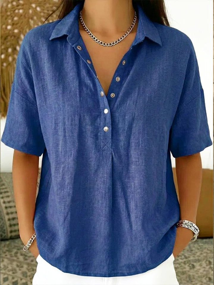 Versatile women's relaxed fit button-up shirt, great for layering. Everyday long-sleeve blouse.