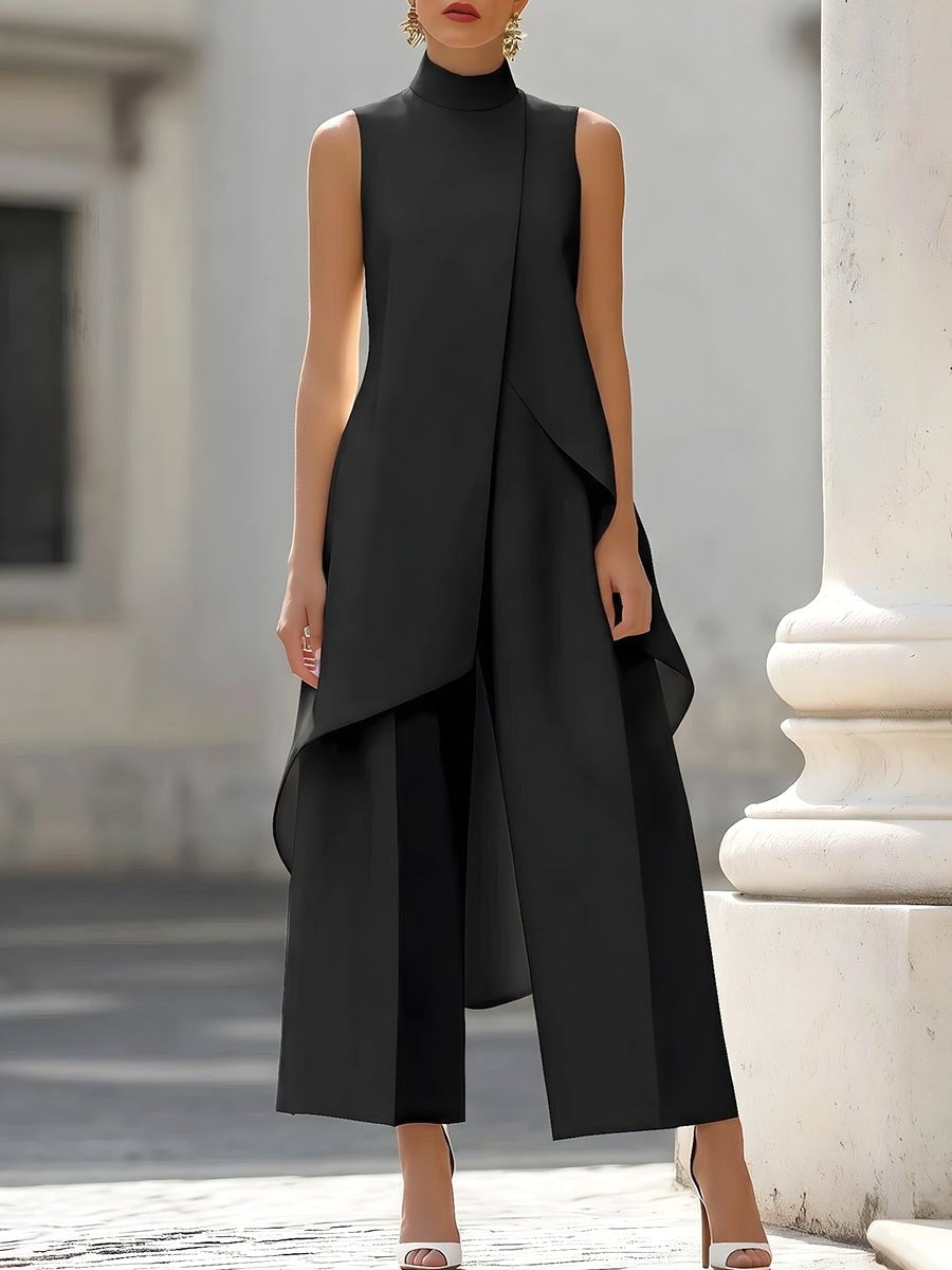 Chic women's high-neck asymmetric two-piece set with elegant wide-leg trousers, perfect for events.