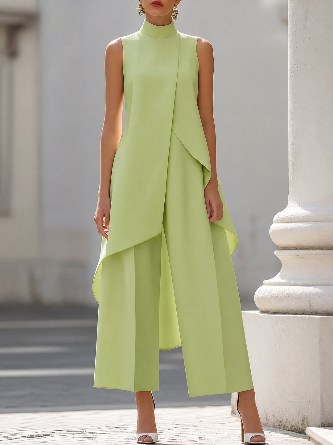 Women's formal two-piece set: high-neck asymmetric top & wide-leg trousers. Contemporary evening wear.