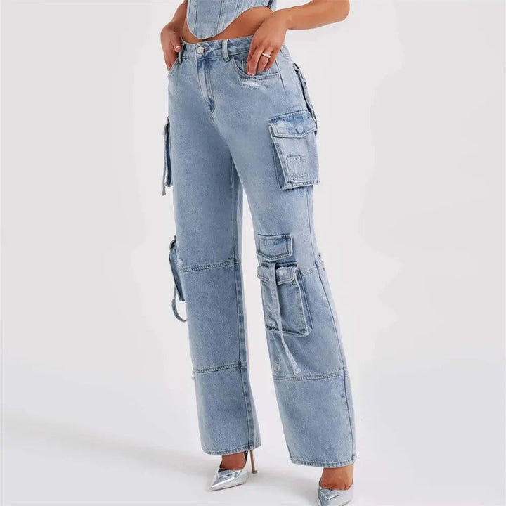 Brooke | Women's High Waisted Cargo Jeans - Light Blue - Image 1