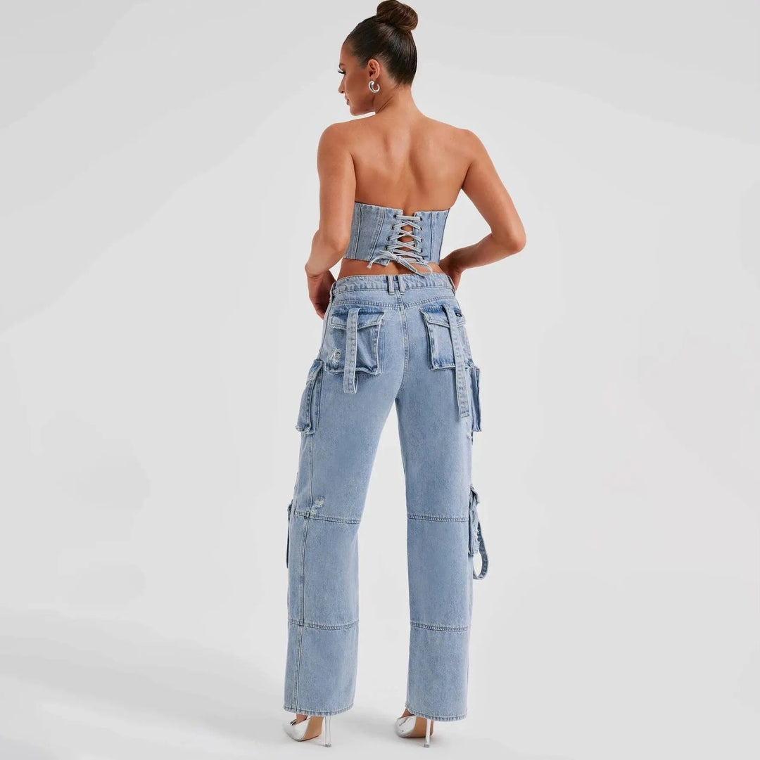 Brooke | Women's High Waisted Cargo Jeans - Light Blue - Image 3