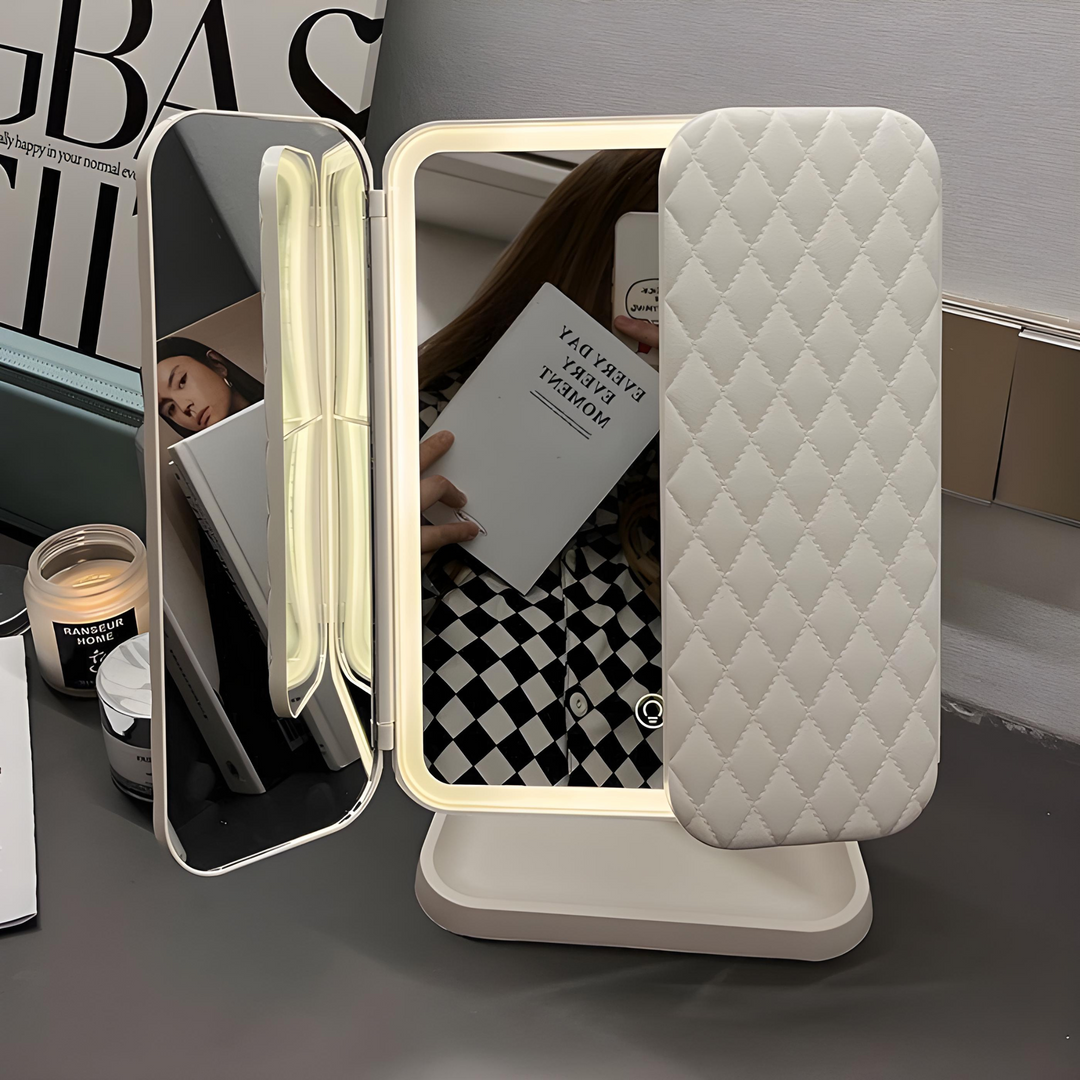 LED make-up mirror with triple lighting modes & magnification for detailed beauty routines.