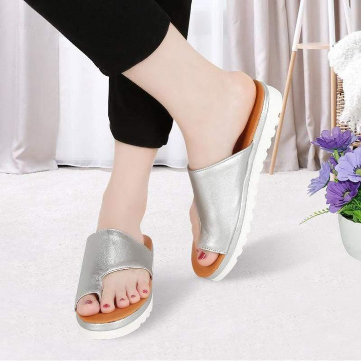Leopard print platform bunion sandals, stylish & comfortable for women's foot relief.