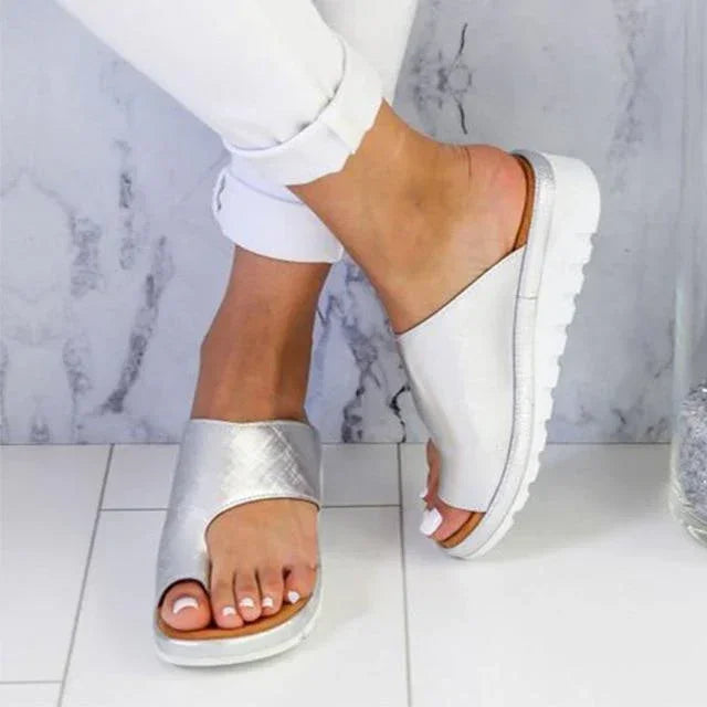 Women's comfort platform sandals for bunion relief, wide toe box, and adjustable strap.