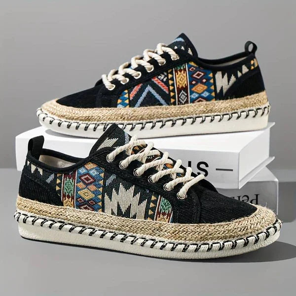 Everyday men's footwear: comfortable Aztec print sneakers for unique casual and walking adventures.