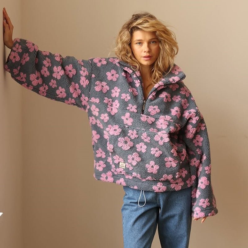 Relaxed fit women's floral half-zip sweater, oversized and cozy for everyday comfort & autumn fashion.