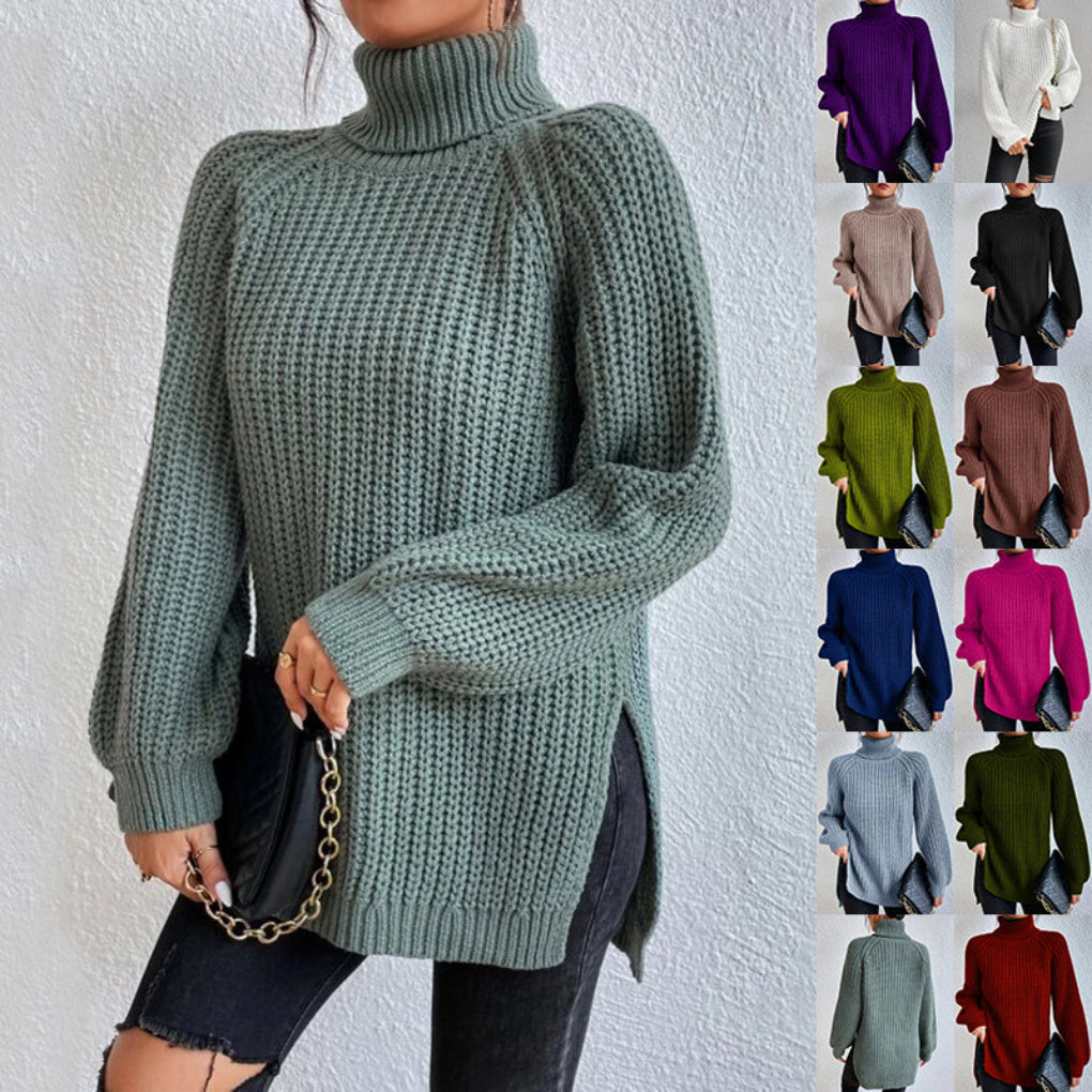 Women's solid color turtleneck pullover sweater with stylish split hem. Perfect for fall fashion.